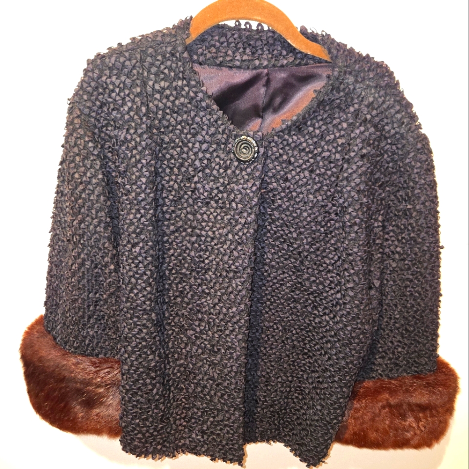 Vintage Black Swing Jacket With Fur Cuffs Sz Small